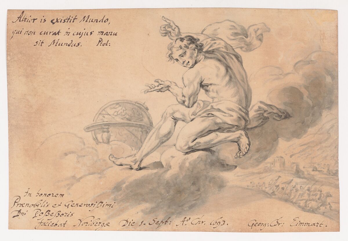 Man Sitting on a Cloud Above a Battlefield, Pointing to a Globe, Georg Christoph Eimmart the Younger (German, Regensburg 1638–1705 Nuremberg), Pen and gray ink, brush and gray wash
