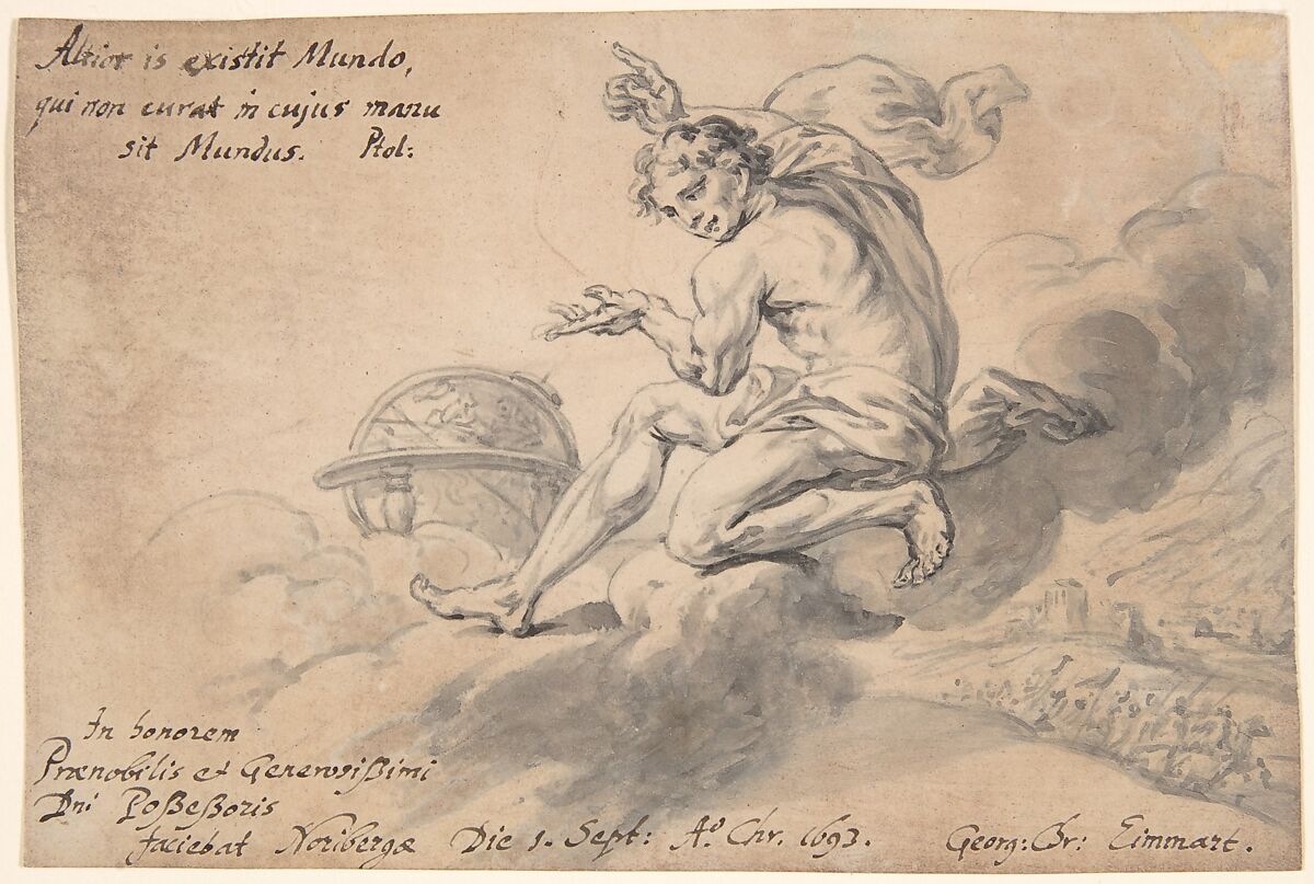 Man Sitting on a Cloud Above a Battlefield, Pointing to a Globe, Georg Christoph Eimmart the Younger (German, Regensburg 1638–1705 Nuremberg), Pen and gray ink, brush and gray wash 