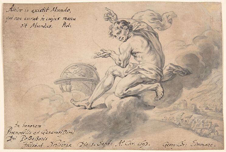 Man Sitting on a Cloud Above a Battlefield, Pointing to a Globe