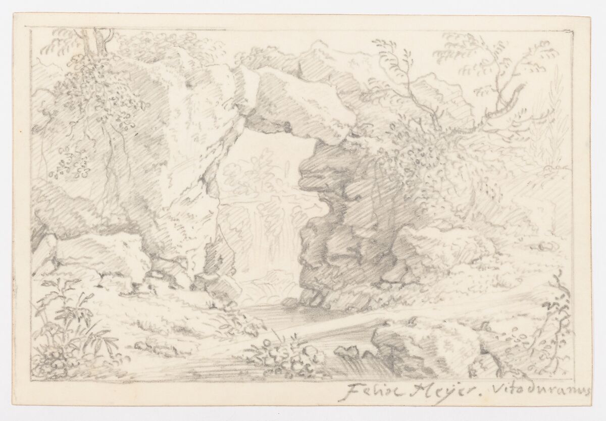 Landscape with a Natural Arch and a Waterfall, Felix Meyer (Swiss, Winterthur 1653–1713 Wyden), graphite
