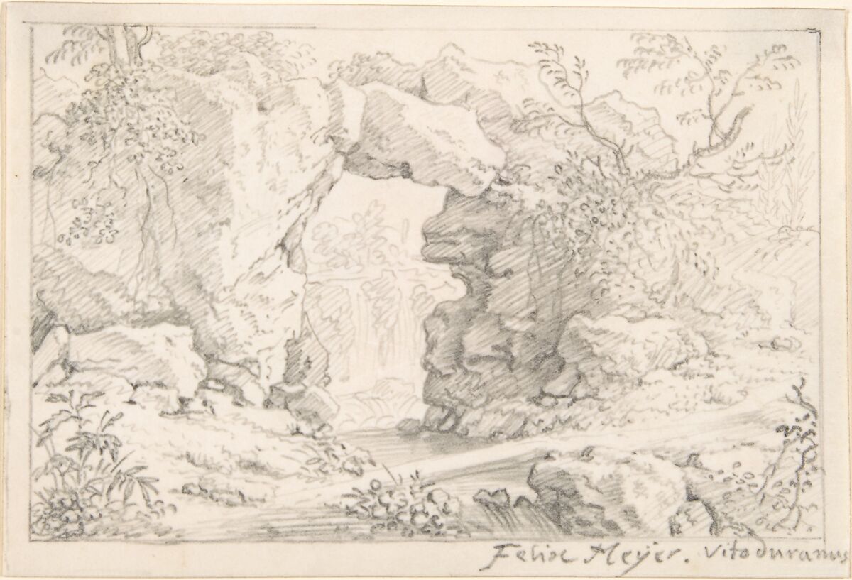 Landscape with a Natural Arch and a Waterfall, Felix Meyer (Swiss, Winterthur 1653–1713 Wyden), graphite 