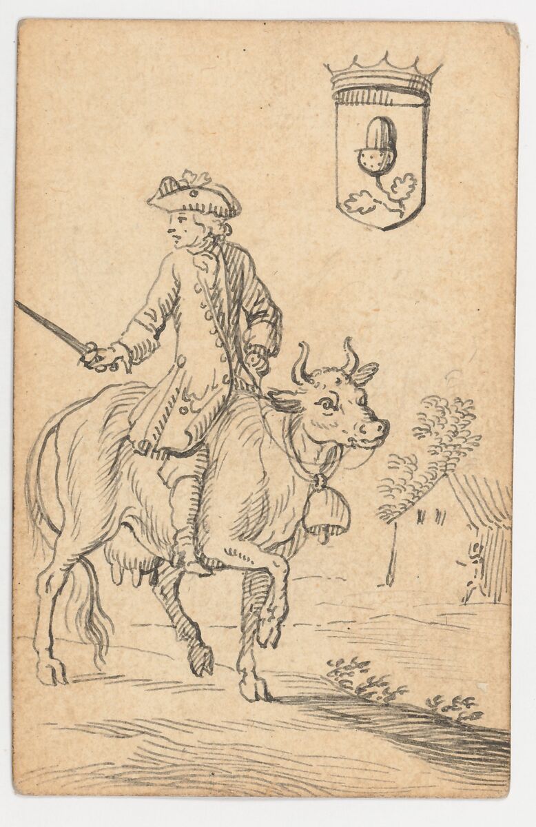 Acorn King: A Man Astride a Cow, Johannes Brandenberg (Swiss, Zug 1661–1729 Zug), Pen and black ink
