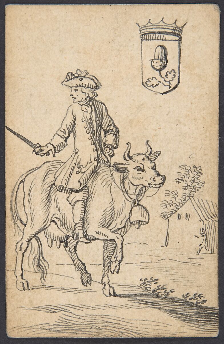 Acorn King: A Man Astride a Cow, Johannes Brandenberg (Swiss, Zug 1661–1729 Zug), Pen and black ink 