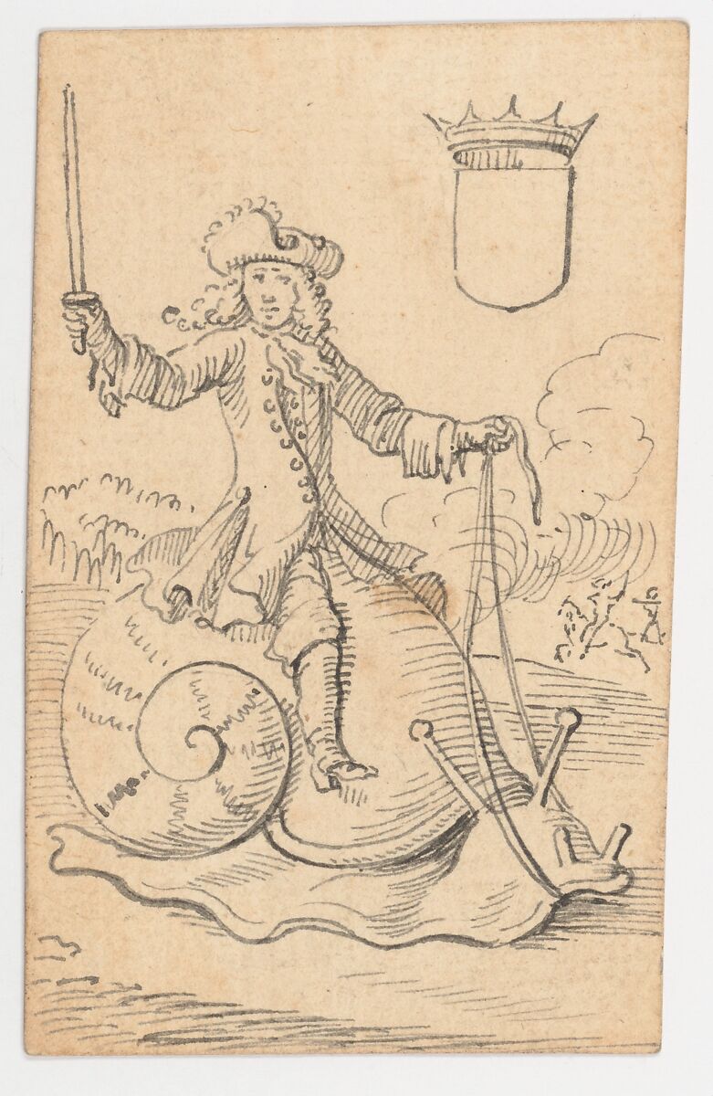 Shield King: A Man Astride a Snail, Johannes Brandenberg (Swiss, Zug 1661–1729 Zug), Pen and black ink