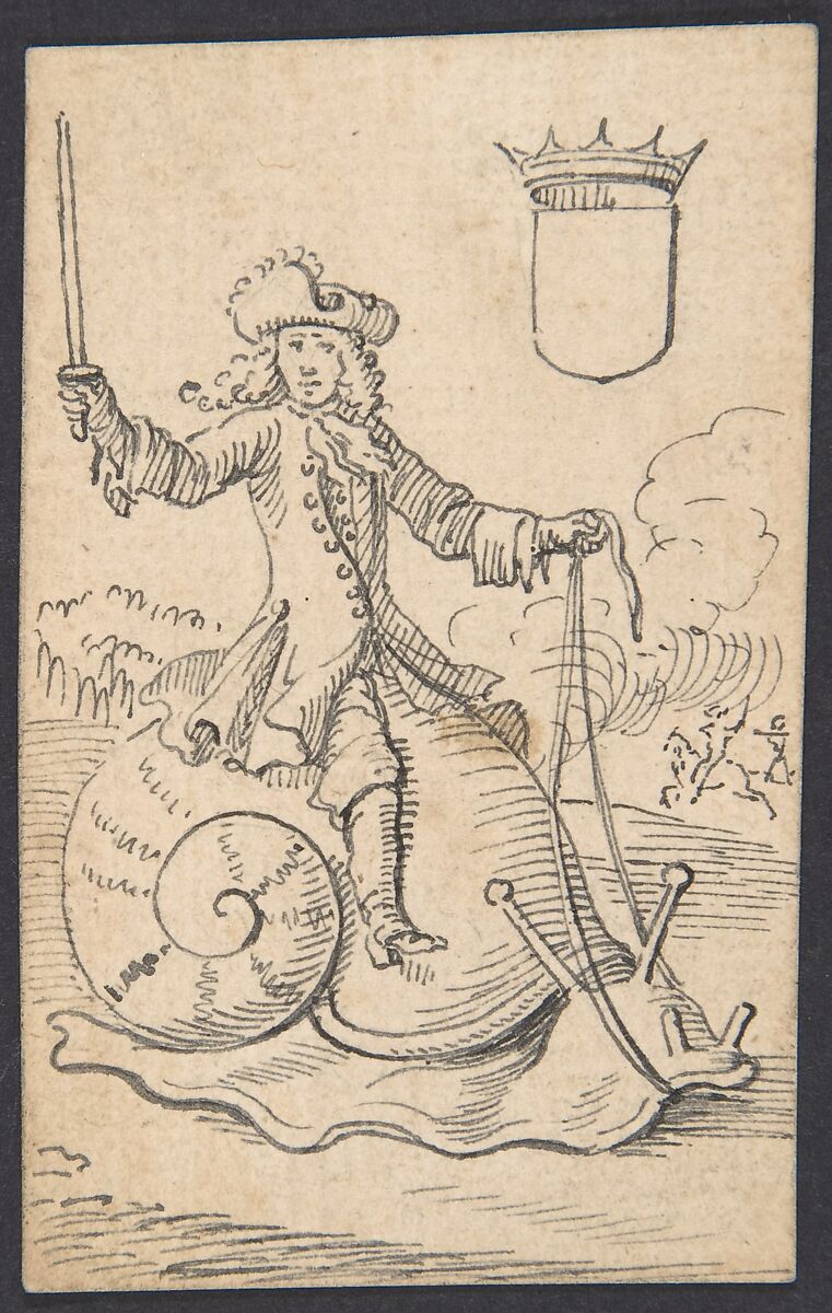 Shield King: A Man Astride a Snail, Johannes Brandenberg (Swiss, Zug 1661–1729 Zug), Pen and black ink 