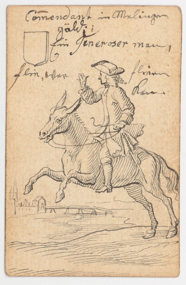Shield Knave: A Horseman, Johannes Brandenberg (Swiss, Zug 1661–1729 Zug), Recto: pen and black ink; verso is a woodcut.