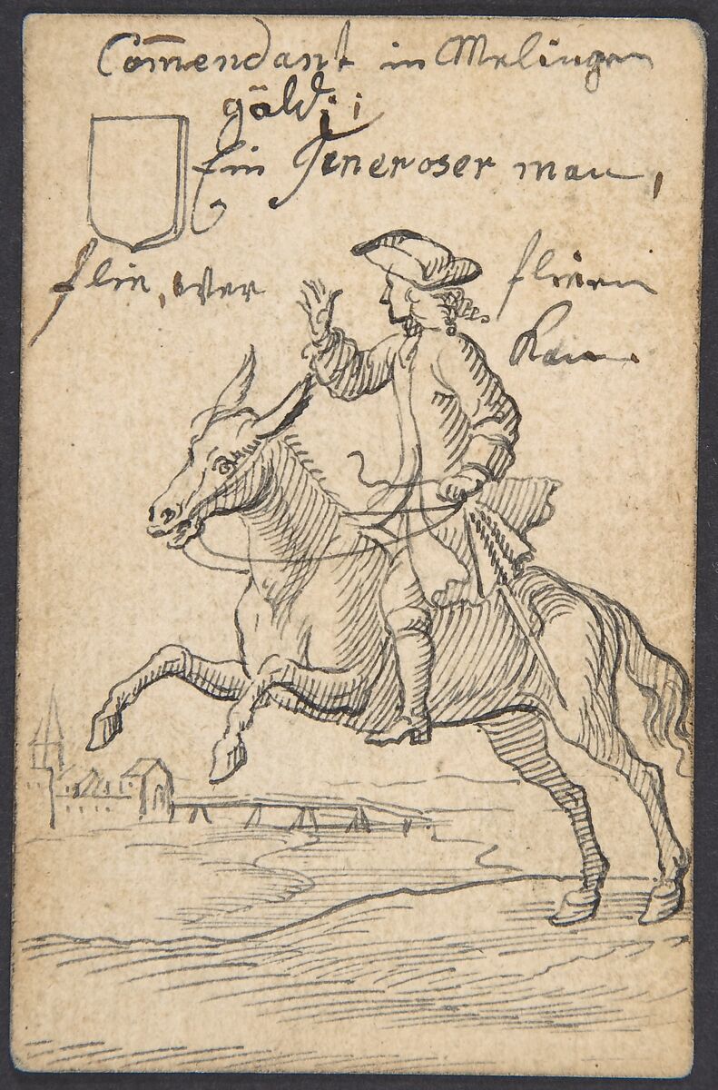 Shield Knave: A Horseman, Johannes Brandenberg (Swiss, Zug 1661–1729 Zug), Recto: pen and black ink; verso is a woodcut. 