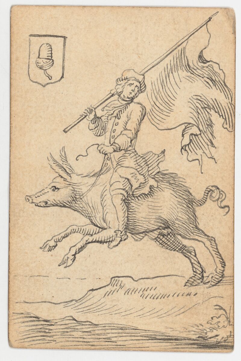 Acorn Knave: A Man Astride a Swine, Johannes Brandenberg (Swiss, Zug 1661–1729 Zug), Pen and black ink