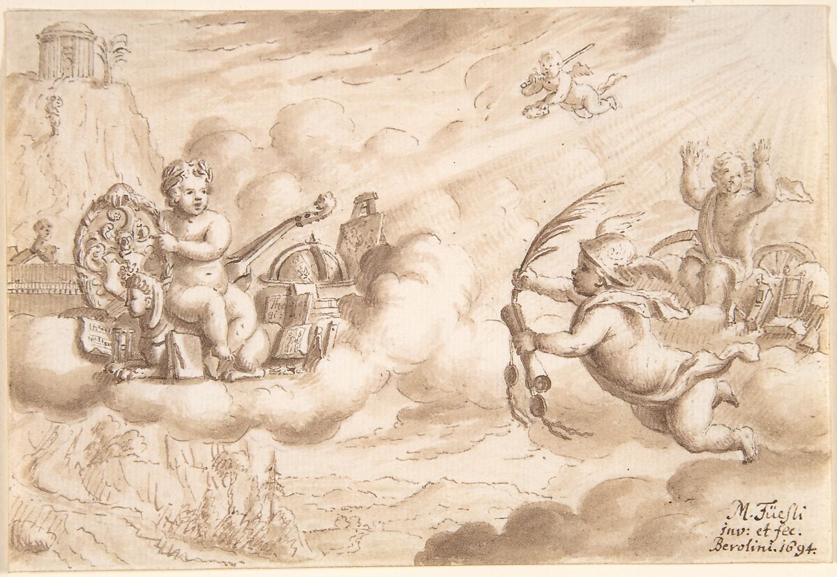 Allegory of Art and Knowledge with the Coat-of-Arms of Hans Wilpert Zoller, Mathais Füssli the Youngest (Swiss, Zurich 1671–1739 Zurich), Pen and brown ink, brush and brown wash 