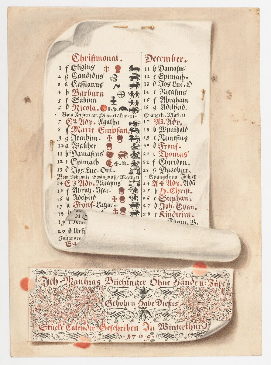 Calligraphic Trompe-l'œil Calendar, Matthias Buchinger (German, Ansbach 1674–1739), Pen and red, brown, and black ink, brush and gray wash