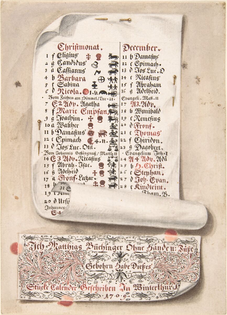 Calligraphic Trompe-l'œil Calendar, Matthias Buchinger (German, Ansbach 1674–1739), Pen and red, brown, and black ink, brush and gray wash 