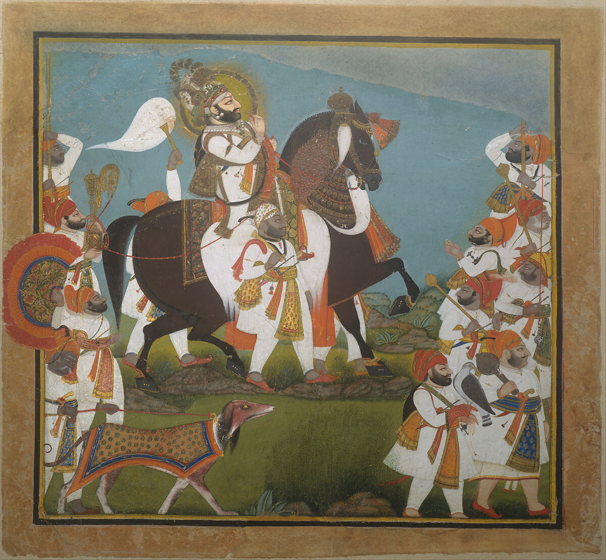 Maharana Bhim Singh and Retinue Embark on a Hunt, Attributed to Chokha (Indian, active 1799–ca. 1826), Ink, opaque watercolor, and gold on paper, Western India, Rajasthan, Udaipur or Devgarh 