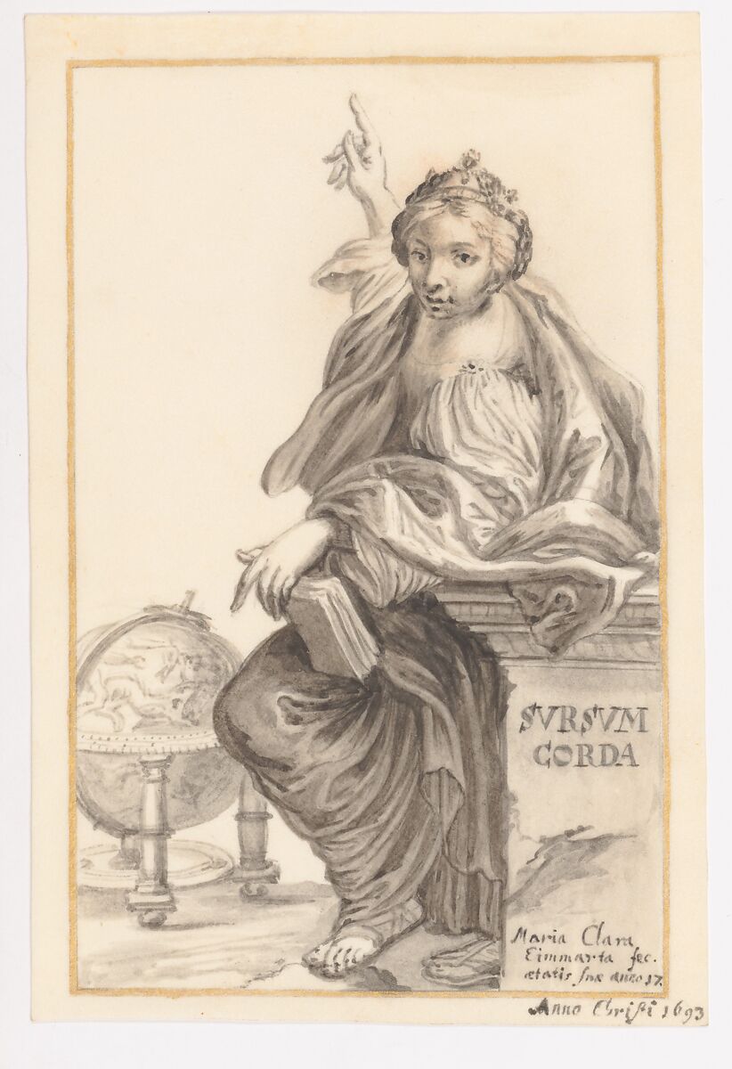 Saint Margaret Pointing to Heaven, with a Globe Next to Her, Maria Clara Eimmart (German, Nuremberg 1676–1706 Nuremberg), Pen and gray ink, brush and gray wash, traces of graphite; framing lines in gold