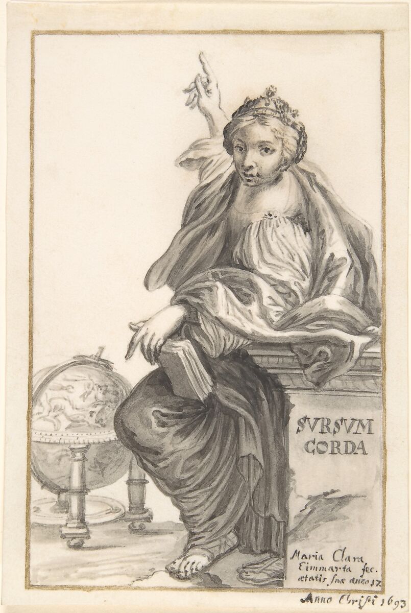 Saint Margaret Ponting to Heaven, with a Globe Next to Her, Maria Clara Eimmart (German, Nuremberg 1676–1706 Nuremberg), Pen and gray ink, brush and gray wash, traces of graphite; framing lines in gold 