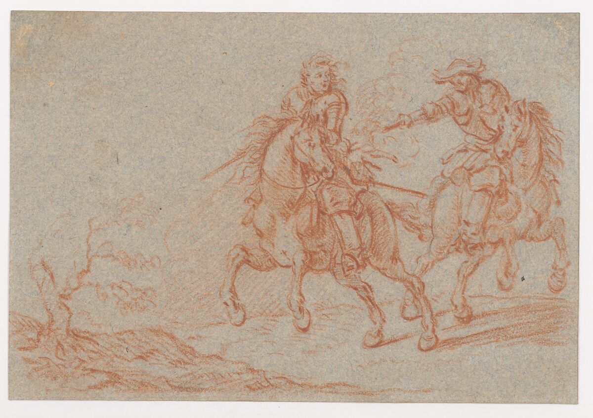 Two Fighting Horsemen, Pandolfo Lorenzo Hopfer (German, Nuremberg (?) late 17th century), Red chalk on blue paper
