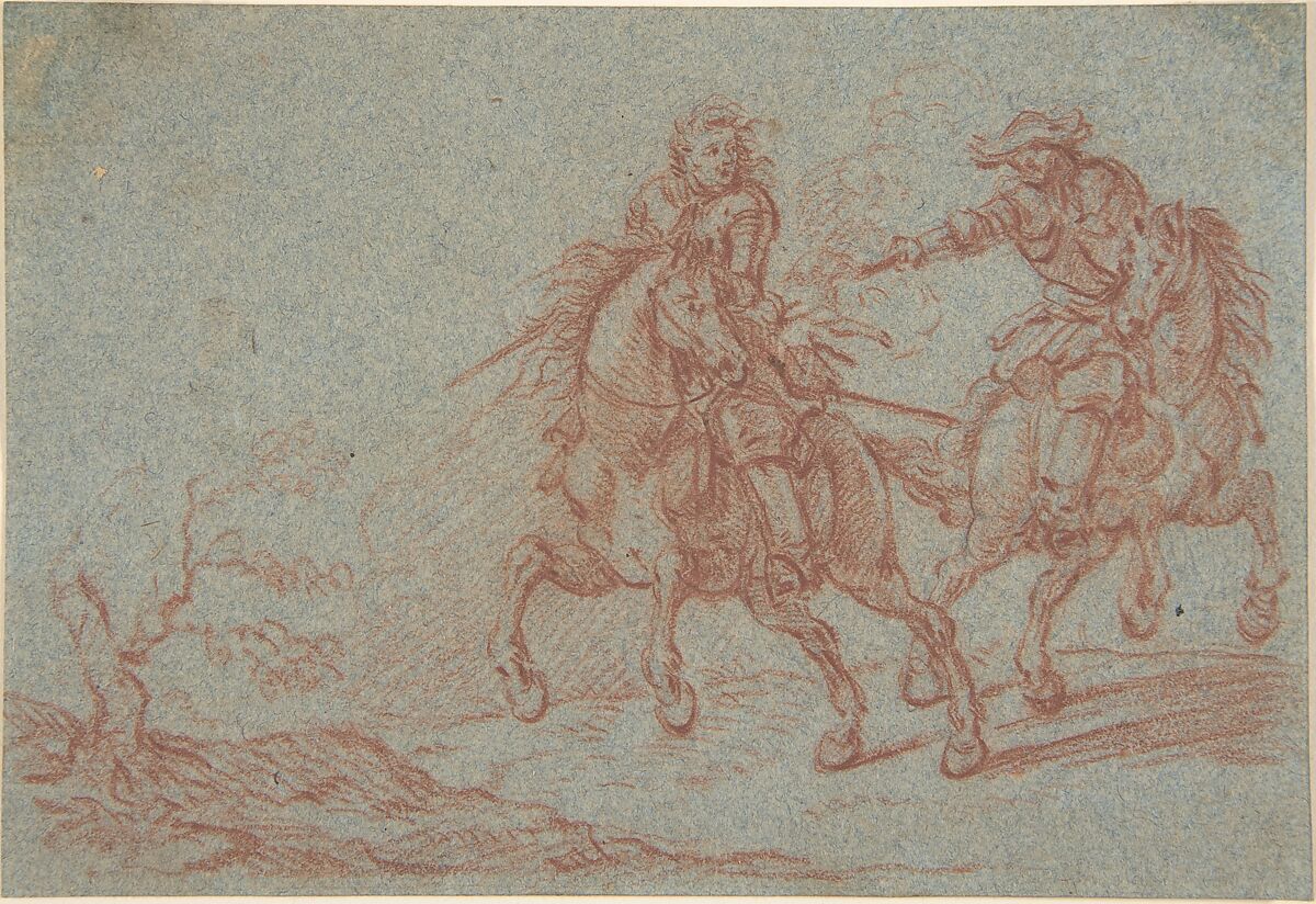 Two Fighting Horsemen, Pandolfo Lorenzo Hopfer (German, Nuremberg (?) late 17th century), Red chalk 