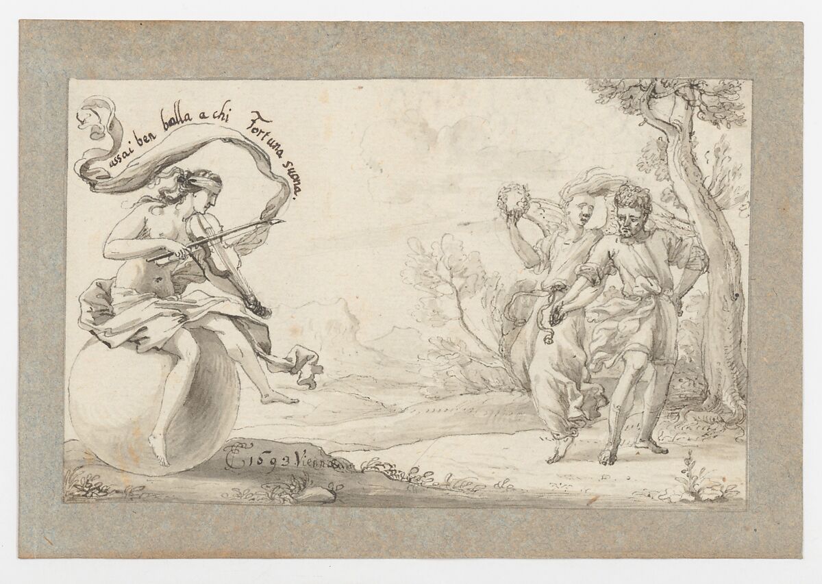 A Dancing Pair Accompanied by a Blindfolded Fortune, Monogrammist EF (?) (active late 17th century), Pen and gray ink, brush and gray wash