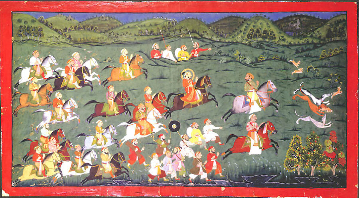 Maharana Sangram Singh II Hunts Hares at Naramangra, Unidentified artist, Ink, opaque watercolor, and gold on paper, Western India, Rajasthan, Udaipur 