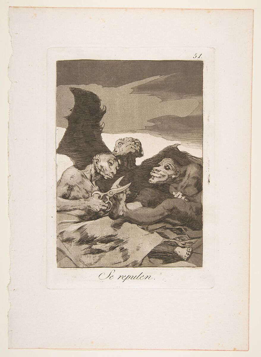 Plate 51 from "Los Caprichos": They spruce themselves up (Se repulen), Goya (Francisco de Goya y Lucientes) (Spanish, Fuendetodos 1746–1828 Bordeaux), Etching, burnished aquatint, burin 