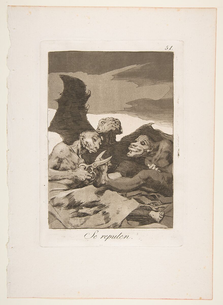 Plate 51 from "Los Caprichos": They spruce themselves up (Se repulen)