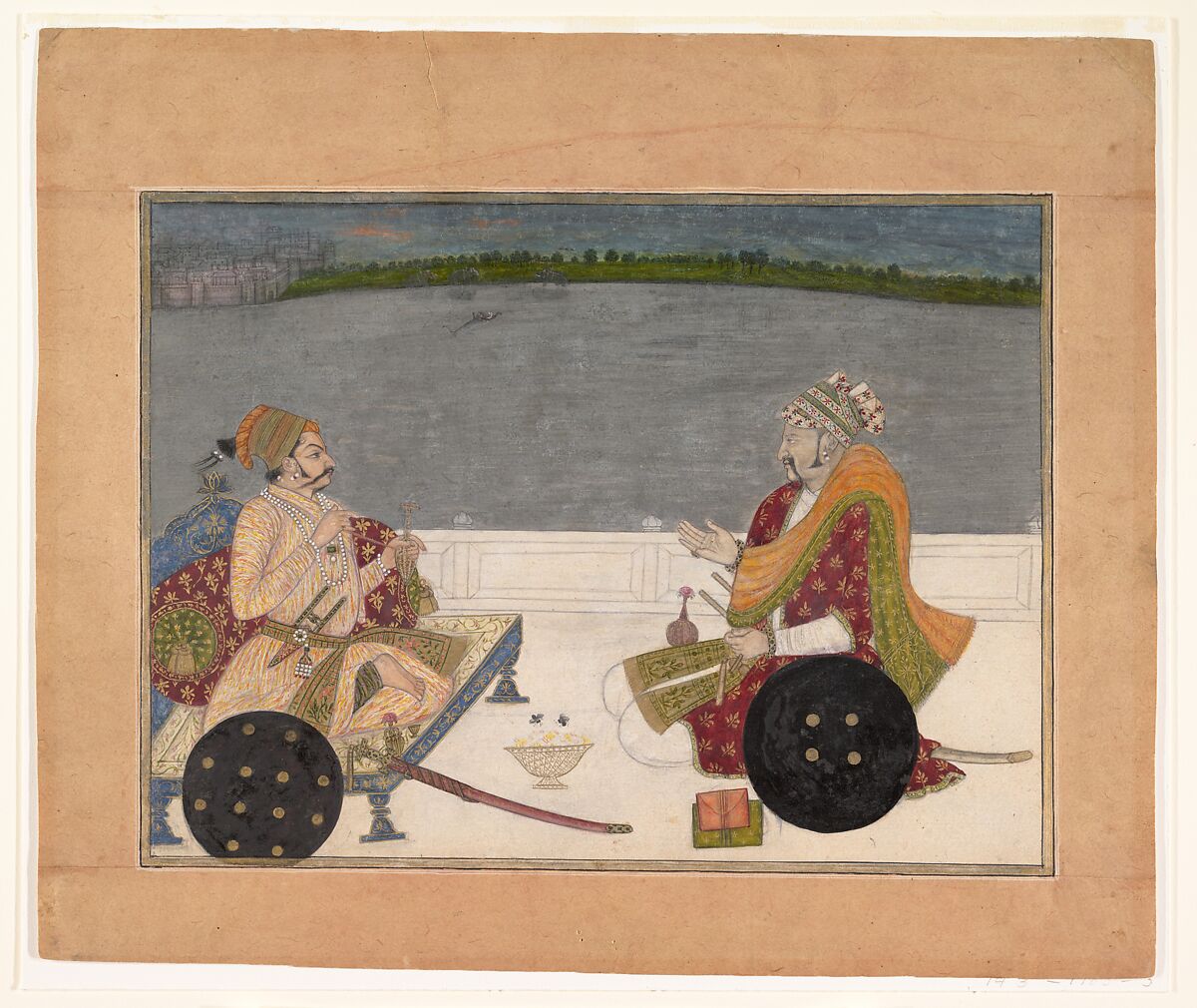 Prince Padam Singh of Bikaner with His Bard Gordhar on a Terrace at Night, Attributed to Bhavani Das, Ink, gold, silver and opaque watercolor on paper, India, Rajasthan, Kishangarh 