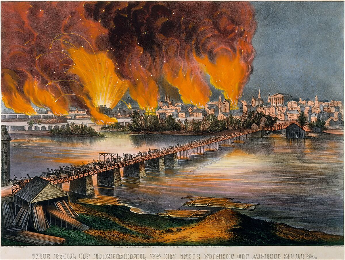 The Fall of Richmond, Virginia, on the Night of April 2nd, 1865, Currier &amp; Ives (American, active New York, 1857–1907), Hand-colored lithograph 