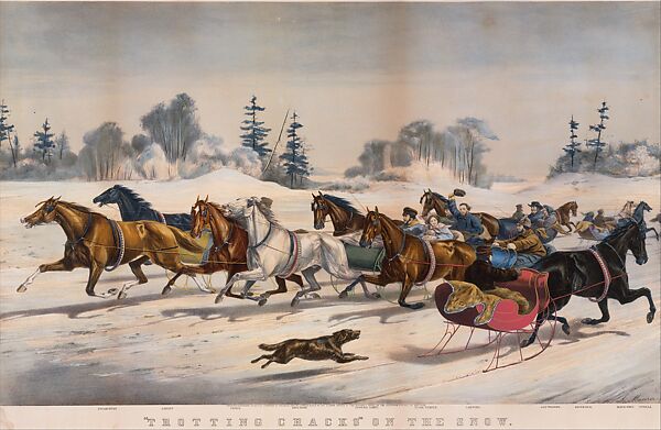 "Trotting Cracks" on the Snow, Louis Maurer (American (born Germany), Biebrich 1832–1932 New York), Hand-colored lithograph with tint stone 