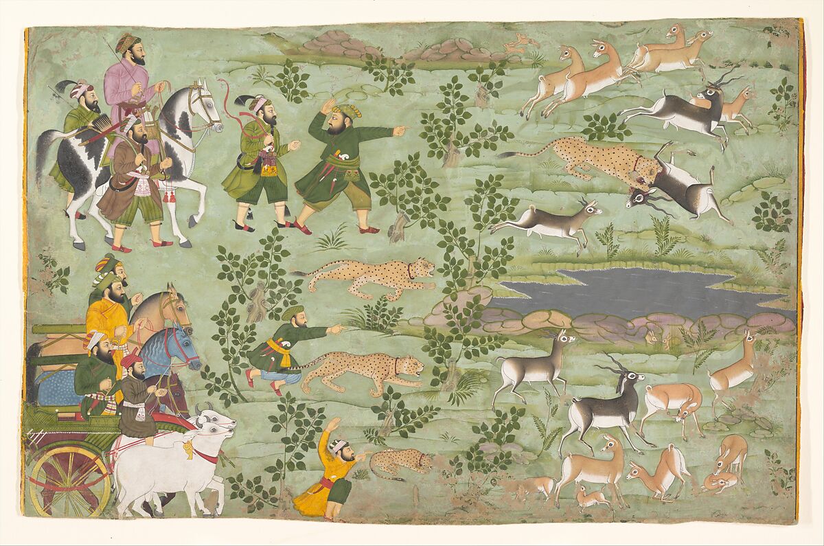 Shah Jahan Hunting Blackbuck with Trained Cheetahs, Ink, gold, and opaque watercolor on paper, Western India, Rajasthan, Udaipur 