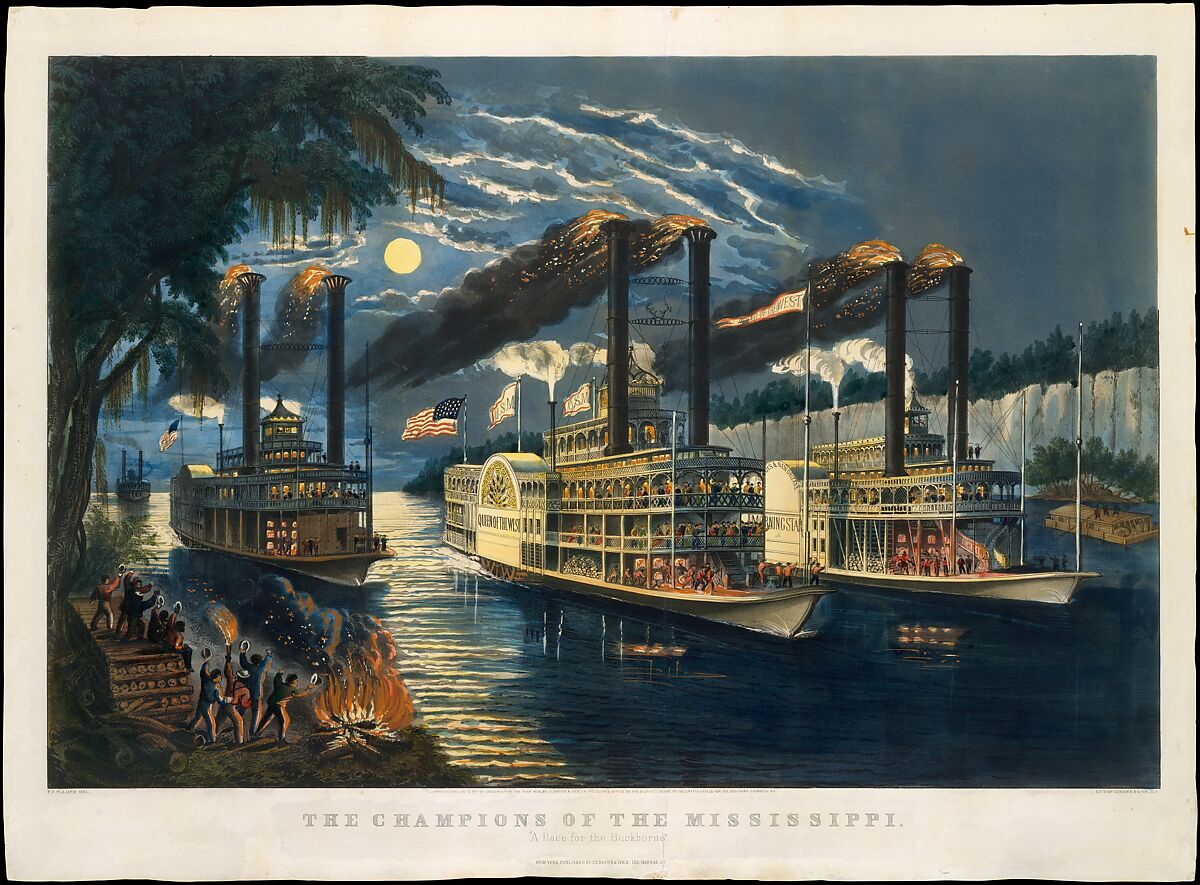 The Champions of the Mississippi – "A Race for the Buckhorns", Frances Flora Bond Palmer (American (born England), Leicester 1812–1876 New York), Hand-colored lithograph 