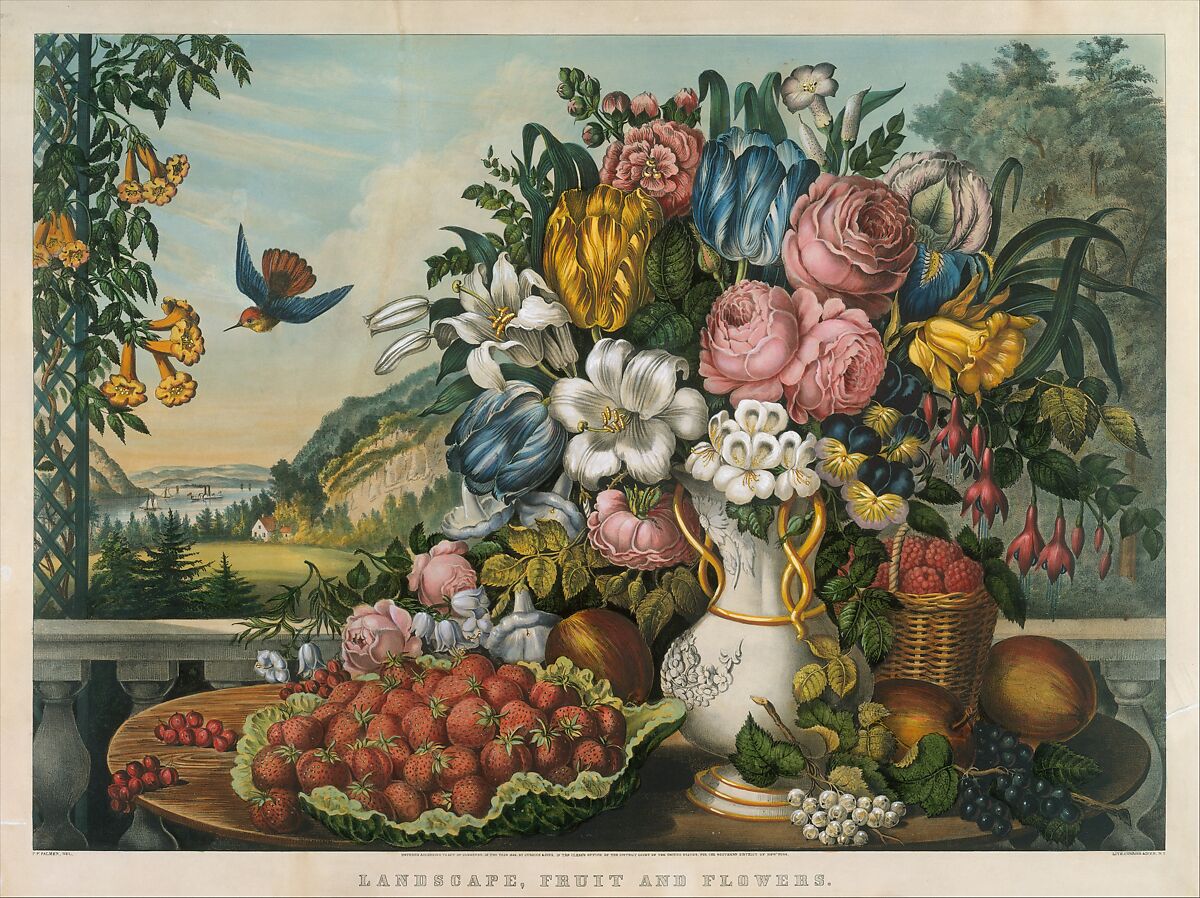 Landscape – Fruit and Flowers, Frances Flora Bond Palmer (American (born England), Leicester 1812–1876 New York), Hand-colored lithograph 
