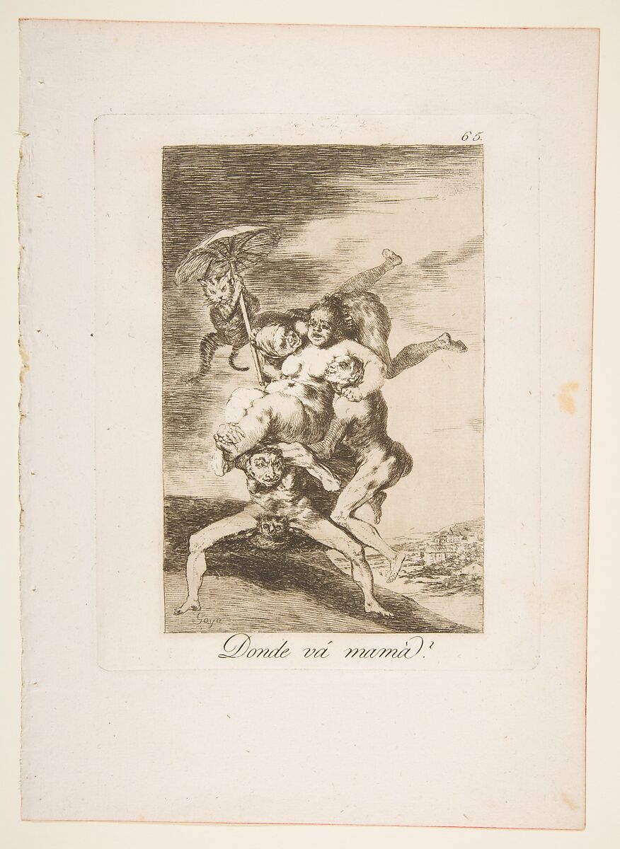 Plate 65 from "Los Caprichos": Where is mom going? (Donde vá mamá?), Goya (Francisco de Goya y Lucientes) (Spanish, Fuendetodos 1746–1828 Bordeaux), Etching, aquatint, drypoint 
