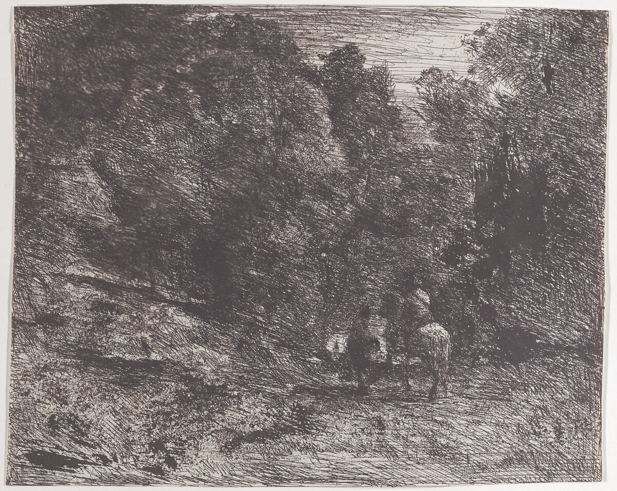 Two Travelers in a Forest (Le Cavalier en forêt et le piéton), Camille Corot (French, Paris 1796–1875 Paris), Cliché-verre; second state of two 