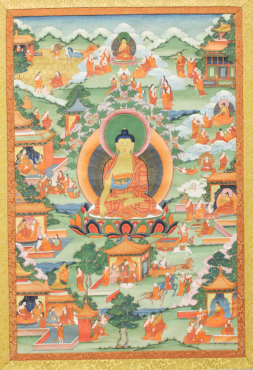 Tangka with Buddha Seated on Lotus Pedestal, Distemper on cloth, Tibet 