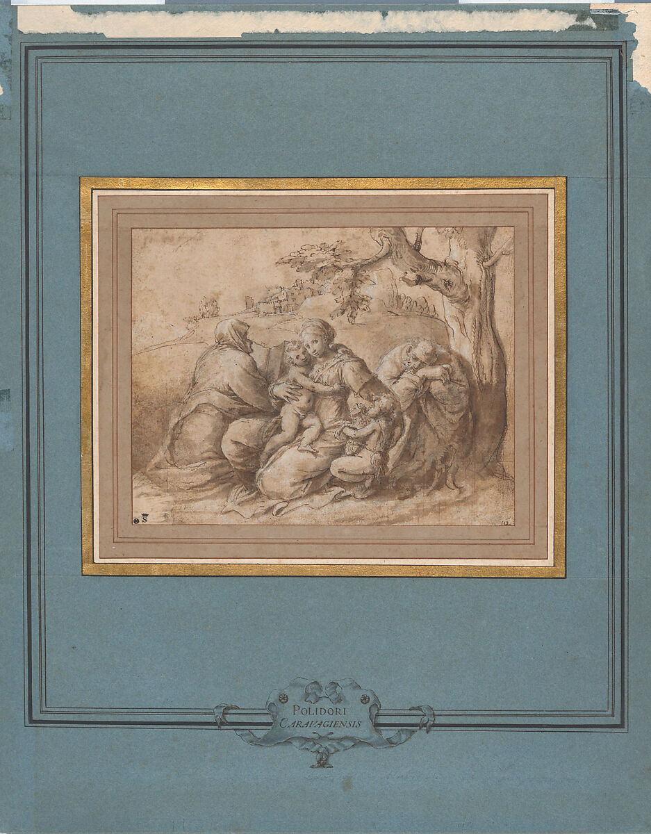 The Holy Family with Saint Elizabeth and the Infant John the Baptist, Polidoro da Caravaggio (Italian, Caravaggio ca. 1499–ca. 1543 Messina), Pen and brown ink, brush and brown and grayish brown wash over black chalk with white heightening, traces of squaring in pen and brown ink (especially evident at lower right and lower left).