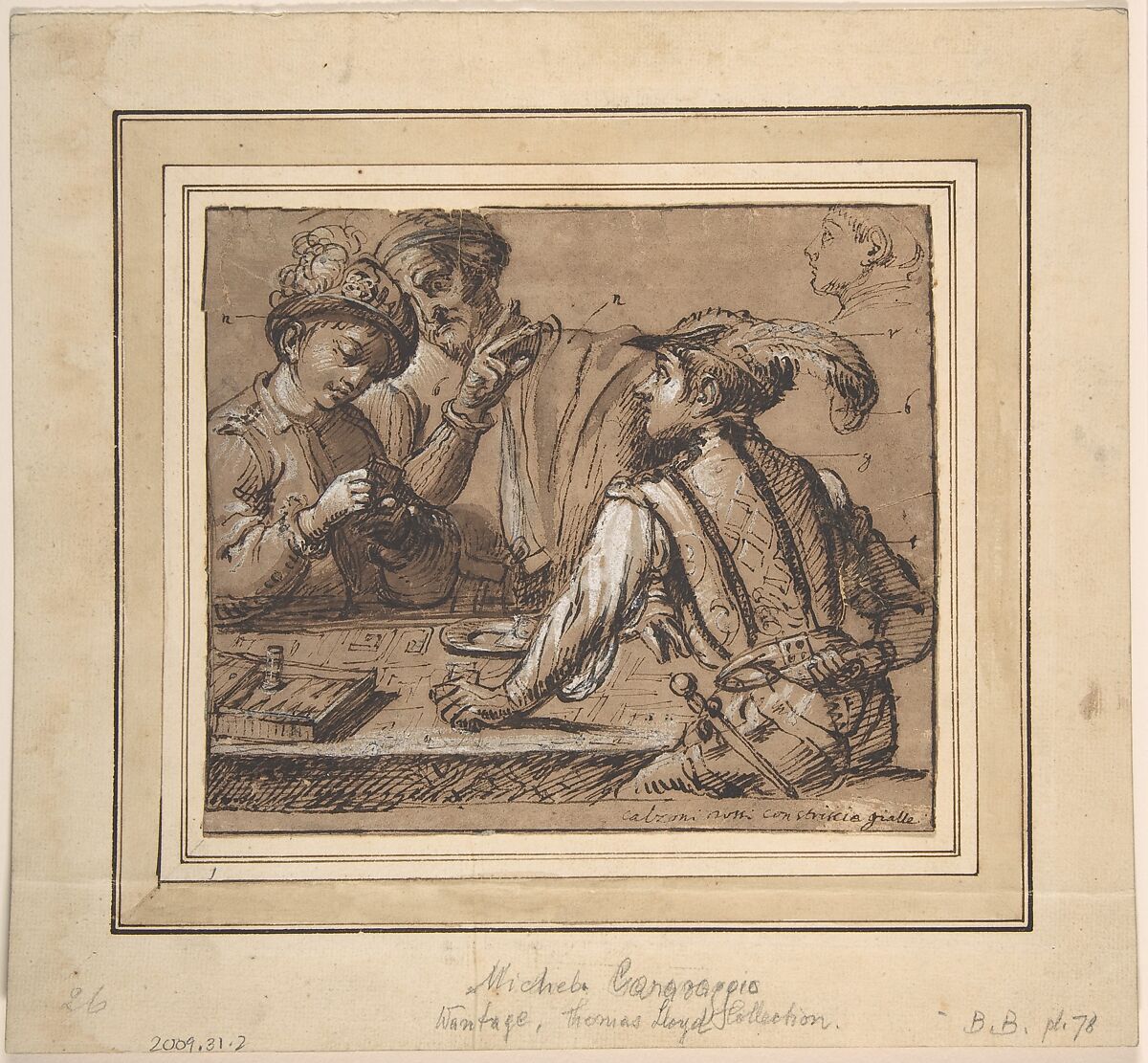 Study after Caravaggio's 'The Cardsharps' with color notes, Anonymous, Italian, Pen and brown ink, brush and brown wash with white heightening