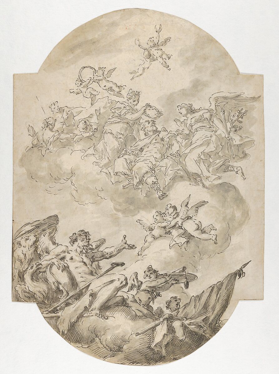 Glorification of the Widmann Family, Gaspare Diziani (Italian, Belluno 1689–1767 Venice), Pen and gray ink, gray wash, over black chalk 