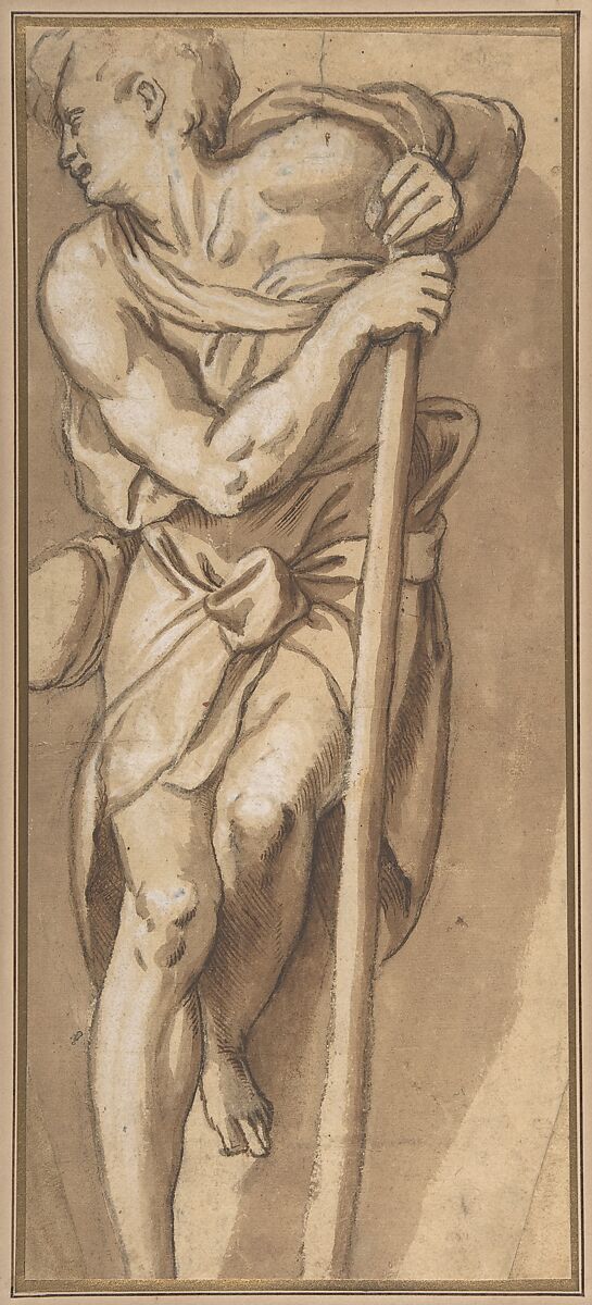 A Man Resting on a Staff, Paolo Farinati (Italian, Verona 1524–1606 Verona), Pen and brown ink, brush and brown wash, with white heightening over traces of black chalk 