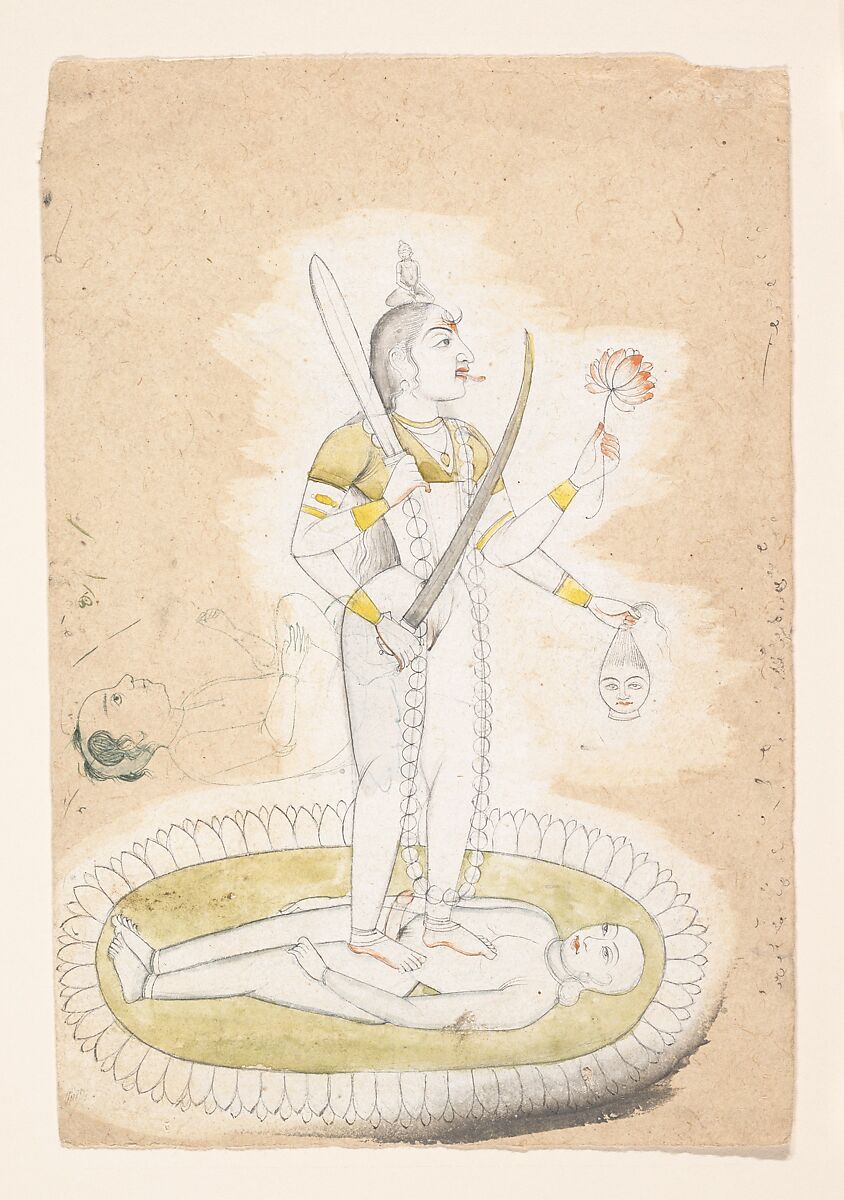 Sketch with Kali and a Young Boy, Ink heightened with color on paper, India (Punjab Hills, Kangra?) 
