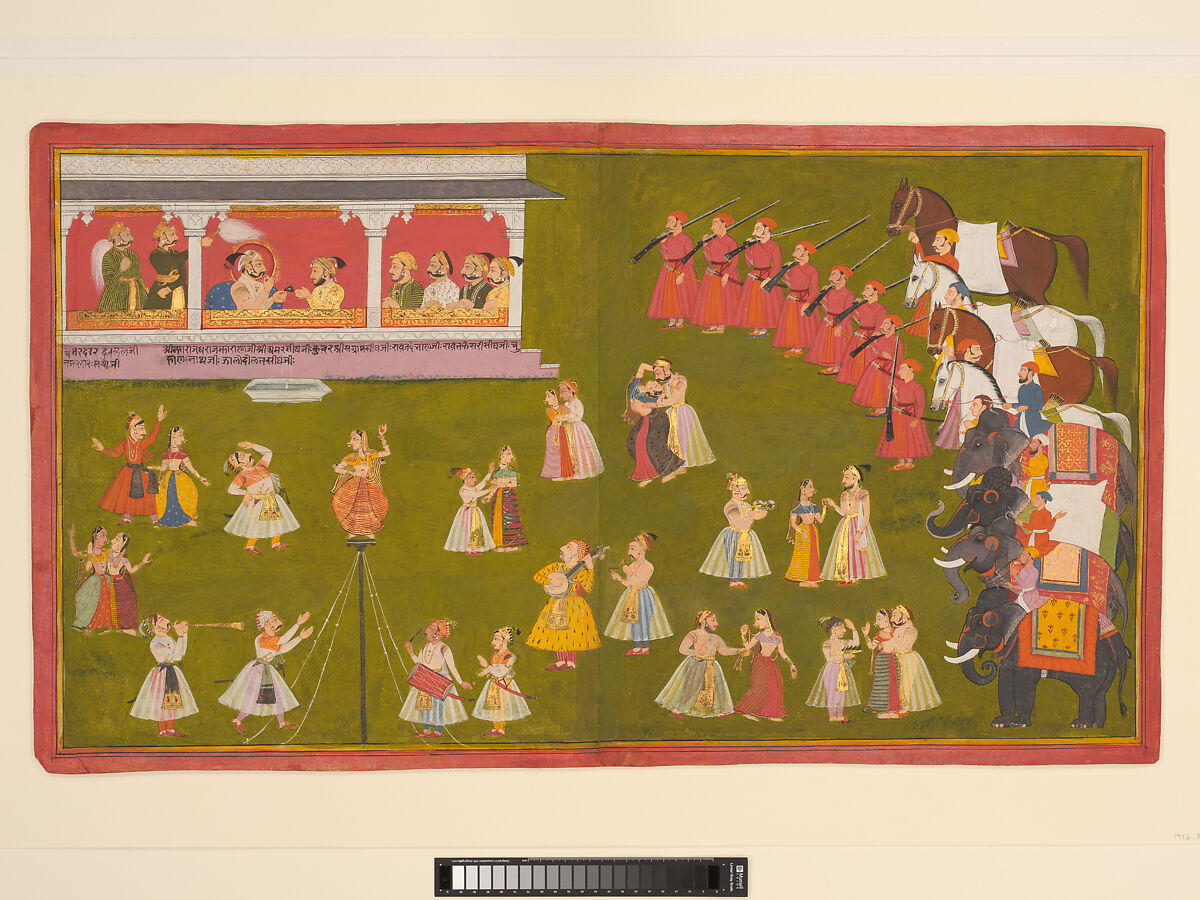 Maharana Amar Singh II, Prince Sangram Singh and Courtiers Watch a Performance, Ink, opaque watercolor, and gold on paper, India (Rajasthan, Mewar) 