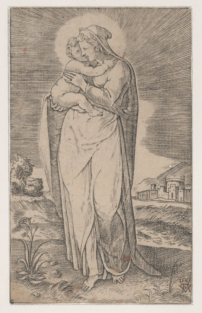 Virgin and Child (La Sainte Vierge debout embrassant l'enfant Jesus), Mario Cartaro (Italian, born Viterbo, active Rome ca. 1557–88, died 1620), Engraving 