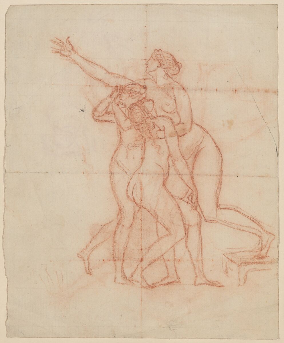 Study for the Wife and Daughters of Brutus (recto); Study of a Male Nude (verso), Jacques Louis David (French, Paris 1748–1825 Brussels), Red chalk