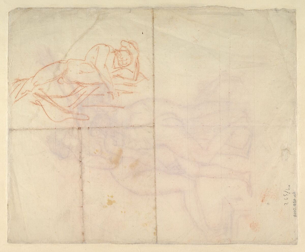 Study for the Wife and Daughters of Brutus (recto); Study of a Male Nude (verso), Jacques Louis David (French, Paris 1748–1825 Brussels), Red chalk