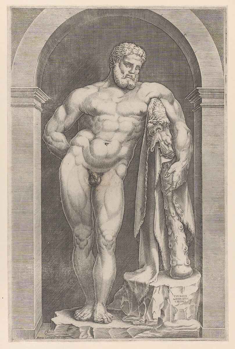 Farnese Hercules, Mario Cartaro (Italian, born Viterbo, active Rome ca. 1557–88, died 1620), Engraving 