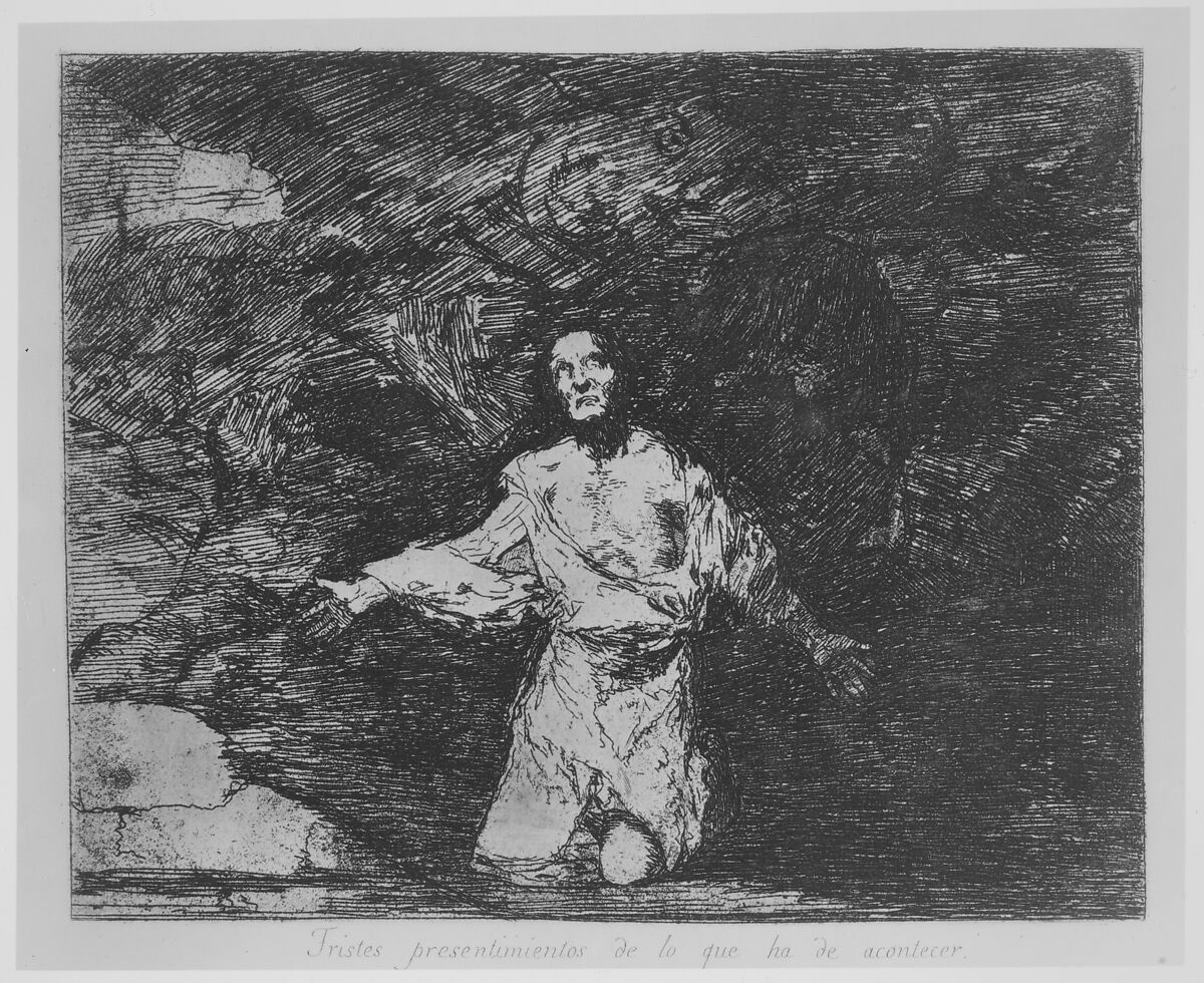 Plate1 from "The Disasters of War" (Los Desastres de la Guerra): 'Sad foreboding of what is going to happen' (Tristes presentimientos de lo que ha de acontecer), Goya (Francisco de Goya y Lucientes) (Spanish, Fuendetodos 1746–1828 Bordeaux), Etching, burin, drypoint, burnisher