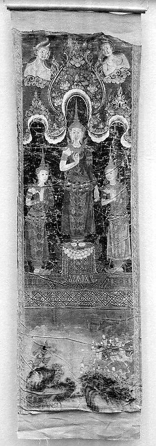 Buddha with Two Attendants (?), Hanging scroll; color on canvas, Thailand 
