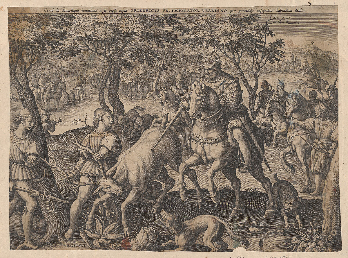 The Deer Hunt of Emperor Frederick I Barbarossa and Ubaldino Ubaldini, After Jan van der Straet, called Stradanus (Netherlandish, Bruges 1523–1605 Florence), Engraving 