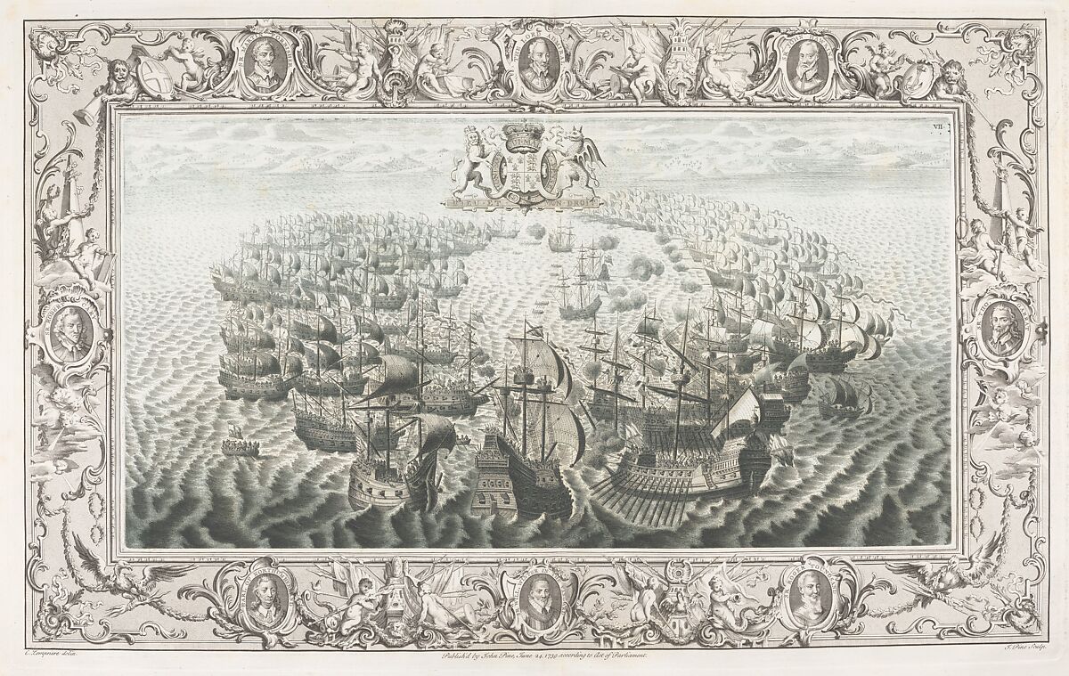 The Tapestry Hangings of the House of Lords Representing the Several Engagements Between the English and Spanish Fleets..., Engraved and published by John Pine (British, London 1690–1756 London), Illustrations: etching and engraving