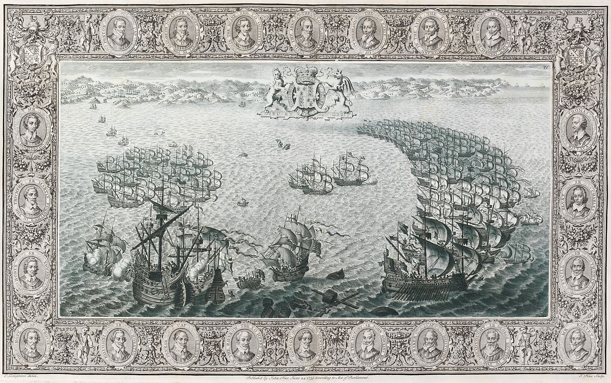 The Tapestry Hangings of the House of Lords Representing the Several Engagements Between the English and Spanish Fleets..., Engraved and published by John Pine (British, London 1690–1756 London), Illustrations: etching and engraving 