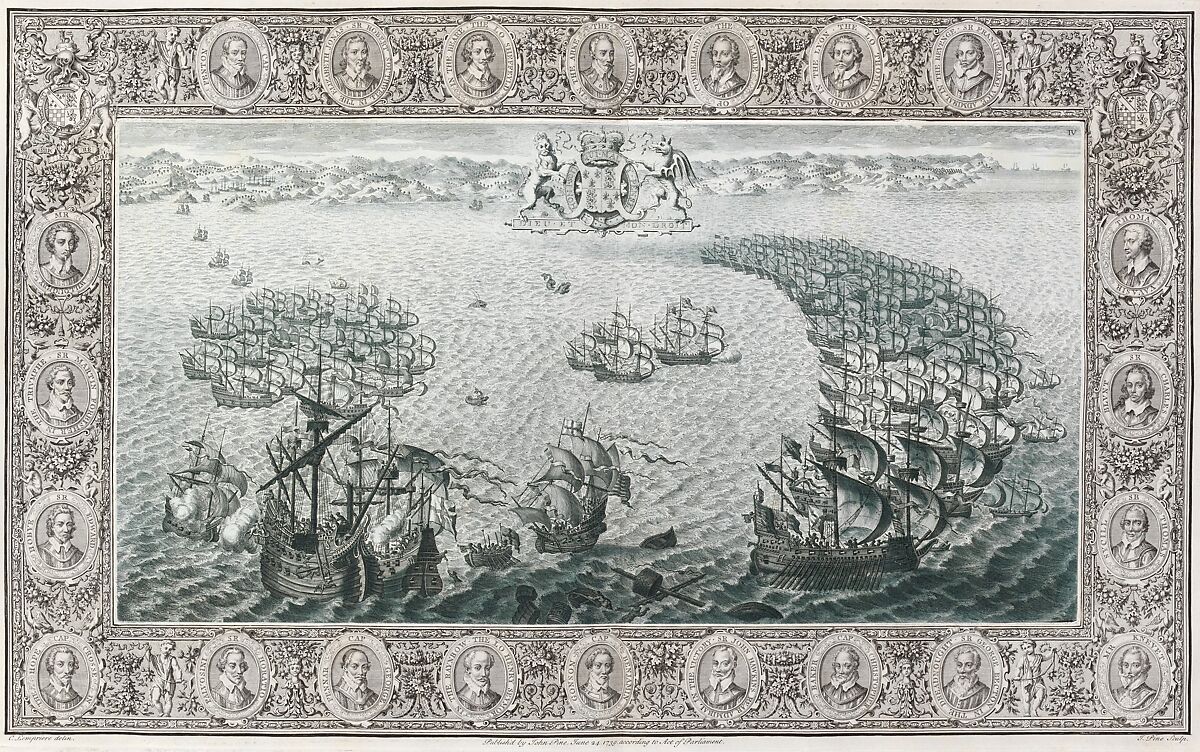 The Tapestry Hangings of the House of Lords Representing the Several Engagements Between the English and Spanish Fleets..., John Pine  British, Illustrations: etching and engraving