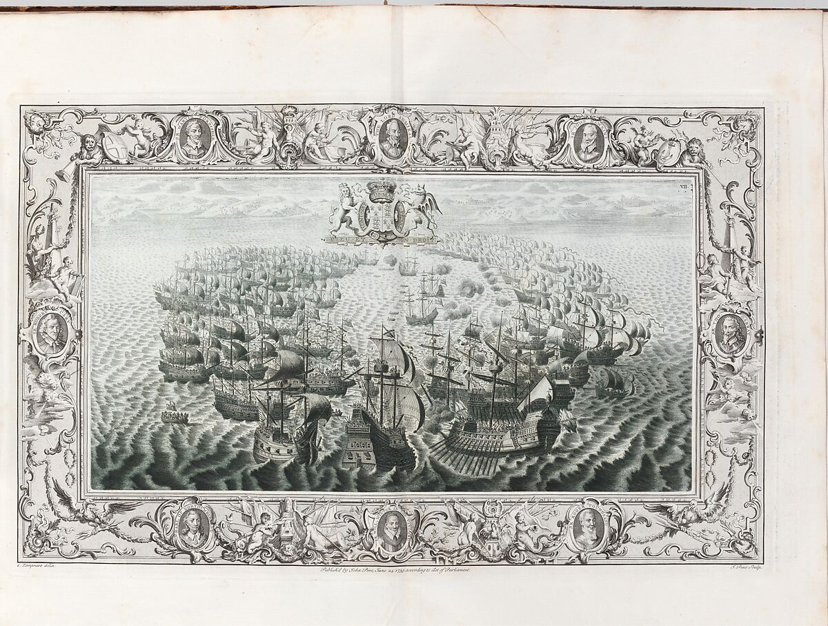 The Tapestry Hangings of the House of Lords Representing the Several Engagements Between the English and Spanish Fleets..., Engraved and published by John Pine (British, London 1690–1756 London), Illustrations: etching and engraving